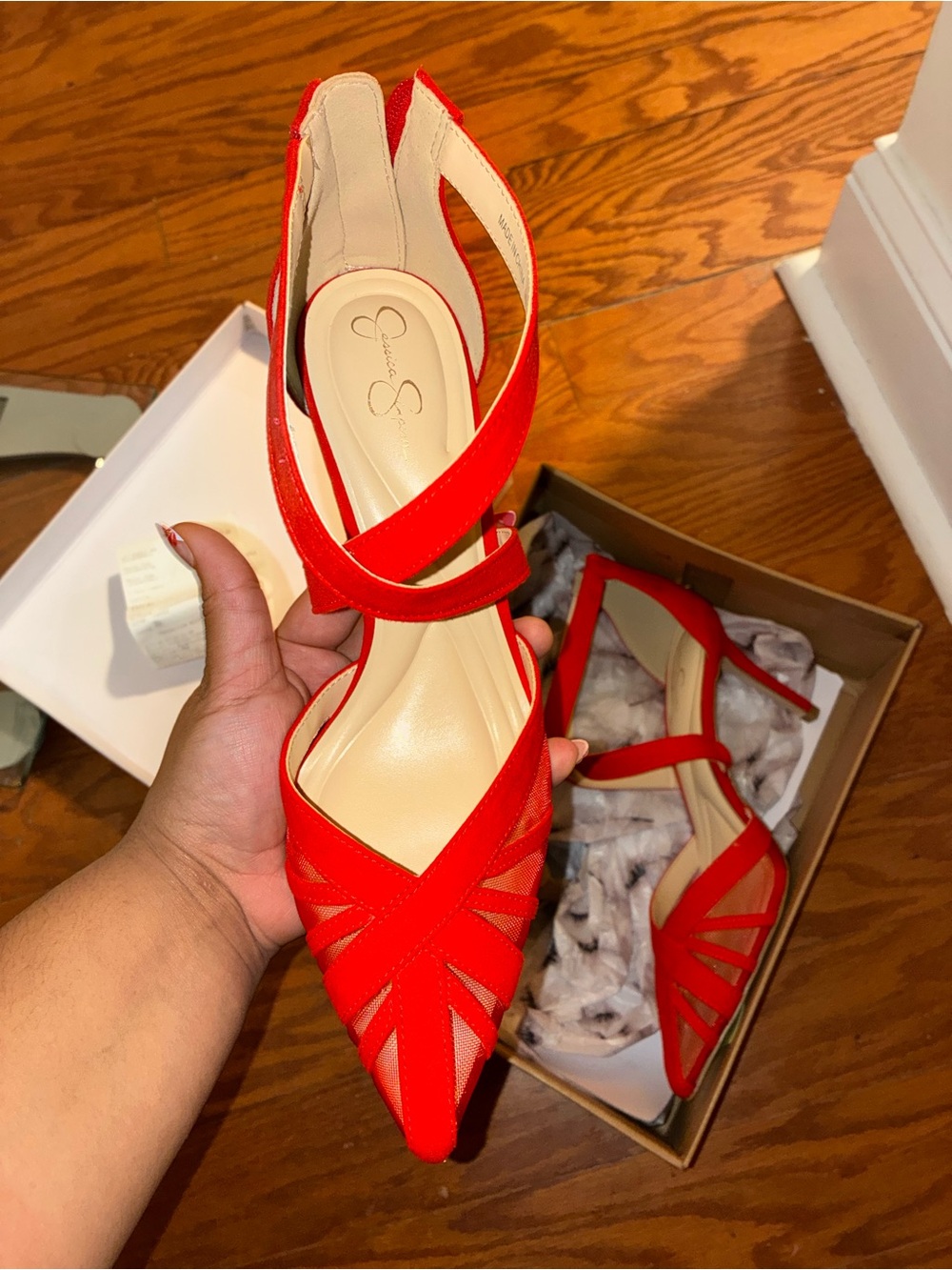 Jessica Simpson Red Mesh Pointed Toe Ankle Strap Heels Size 9M